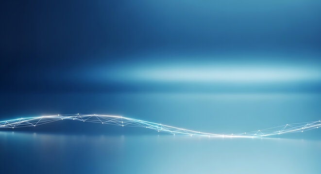 Dynamic digital wave of connected particles flowing across a sleek blue technological background