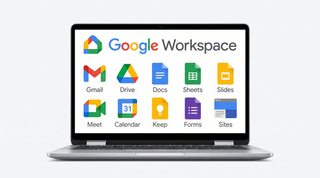 Google Workspace app icons on laptop screen, cloud productivity suite logos collection, Gmail, Drive, Docs, Sheets, Slides, Meet, Calendar, Keep, Forms, Sites. Business software toolkit display.