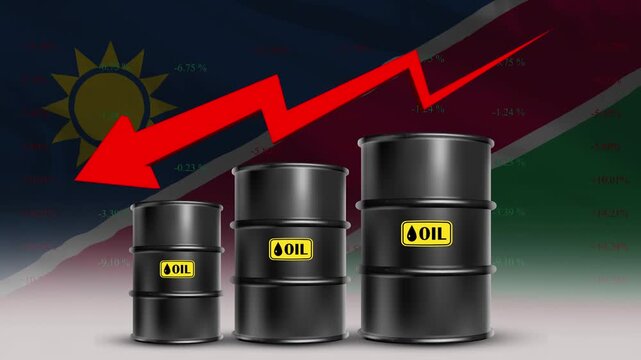 Namibia Flag with Oil Barrels and Red Downward Arrow Falling Crude Prices Economic Decline