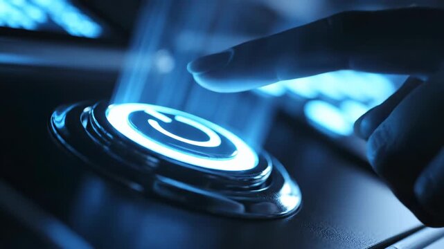 Close-up of a human index finger reaching to press a circular glowing blue LED power button on a dark metallic electronic device interface with futuristic light effects.