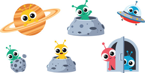 Kawaii Alien and Space Icon Set Featuring UFOs, Planets, Moons, and Cute Alien Characters for Fun, Space, and Sci-Fi Designs © Shahanaj