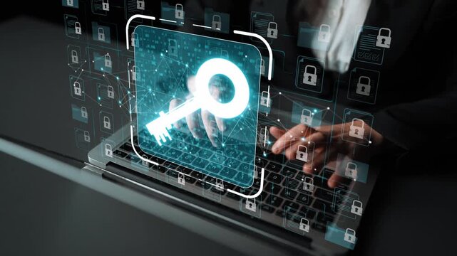 Digital Security Concept Featuring Hands Over Laptop Keyboard with Floating Key Symbol and Lock Graphics in a Futuristic Style Sigmoid