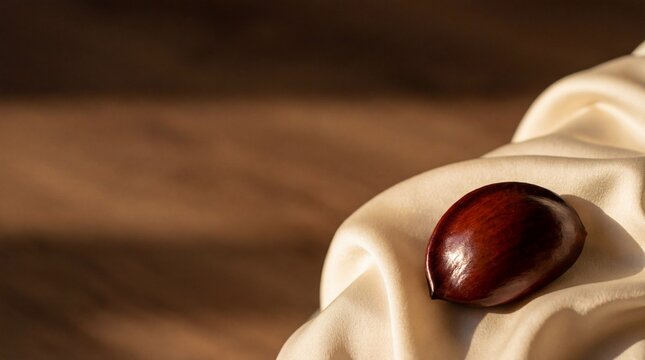 Single raw pecan nut resting on elegant beige silk fabric background