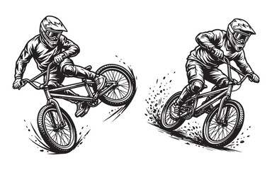 Naklejka premium BMX Biker Characters Performing Air Tricks and Stunts in the Park