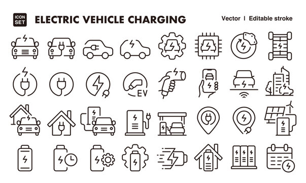 Electric Vehicle and EV Charging Icon Set &ndash; Editable Line Style