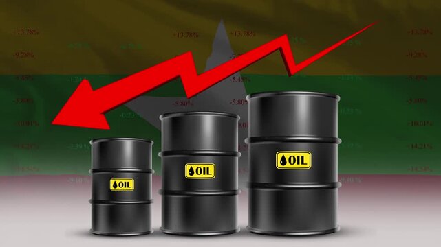 Myanmar Flag with Oil Barrels and Red Downward Arrow Falling Crude Prices Economic Decline