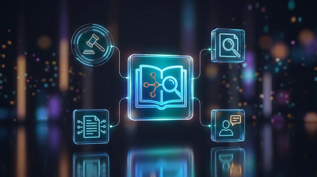 Digital legal technology concept featuring a glowing book interface with icons for law research documents and communication for professional business solutions