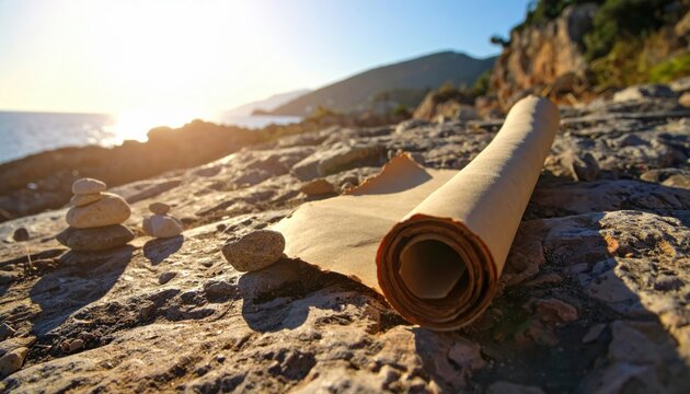 Ancient scroll unrolled on rocky coastal terrain bathed in warm sunset light