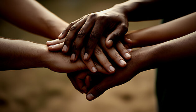 Diverse hands stacked together in unity and solidarity showing support and teamwork