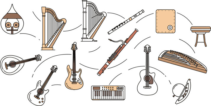 Musical instruments illustration set with guitar, harp, flute, keyboard and traditional instruments, hand drawn vector collection for music, orchestra and culture design