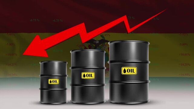 Bolivia Flag with Oil Barrels and Red Downward Arrow Falling Crude Prices Economic Decline