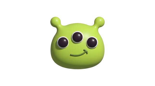 A cute, cartoonish, three-eyed green alien with a friendly smile and antennae.