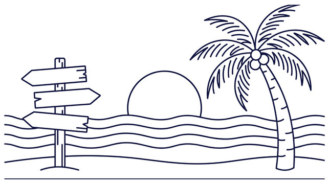 Sunset beach drawing. palm tree by ocean. tropical summer vacation landscape.