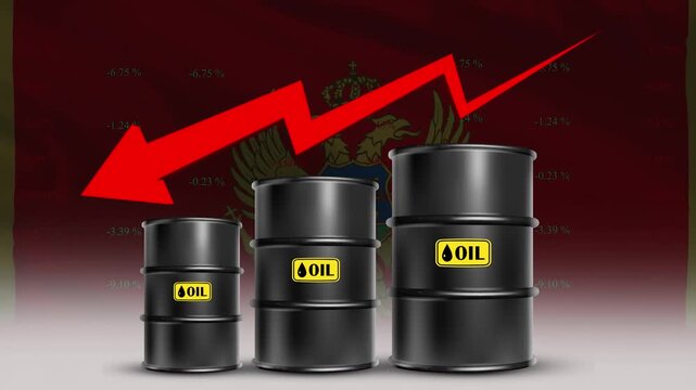 Montenegro flag with oil barrels and red downward arrow falling crude prices economic decline