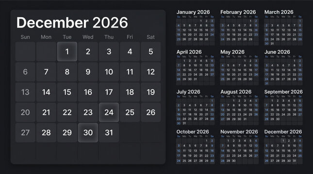 Calendar 2026 set, full year monthly planner template from January to December, dark mode UI design, modern minimalist business schedule organizer, glassmorphism digital interface layout vector