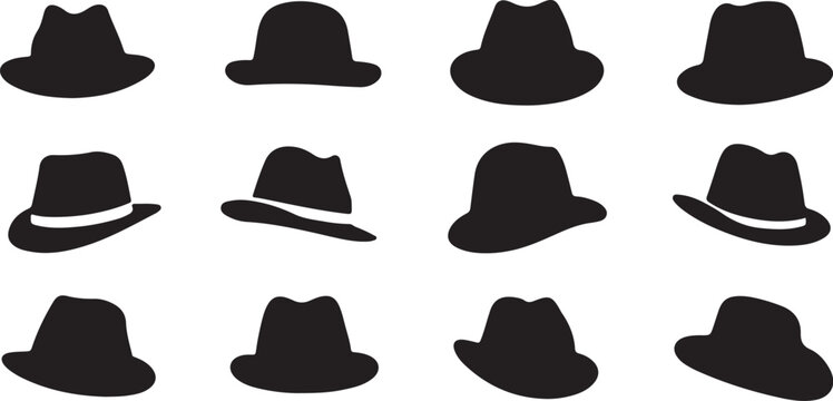 Black fedora hats collection in grid layout isolated on transparent background, Vector