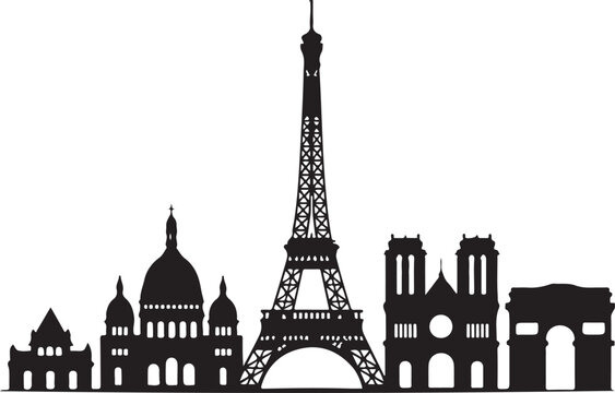 Paris skyline silhouette with famous landmarks, Eiffel tower