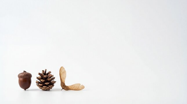 Acorn, pinecone, and maple seed arranged on a white background