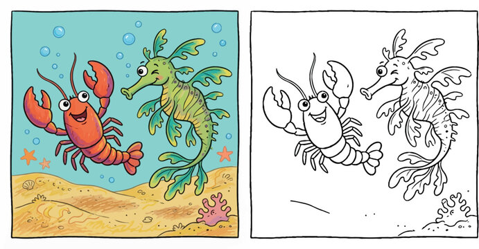 Cheerful Lobster and Leafy Sea Dragon Coloring Page