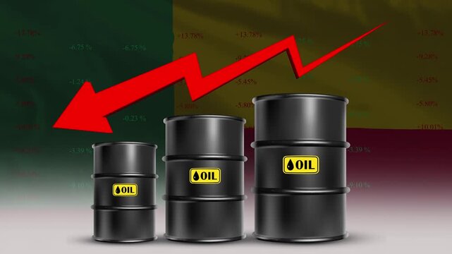 Benin flag with oil barrels and red downward arrow falling crude prices economic decline