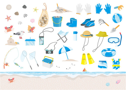 夏の海遊び道具イラストセット：潮干狩り・海水浴・釣り・砂遊びのフレーム / Summer Beach Activity Gear Set