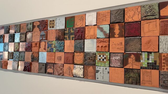 A slow pan across a long horizontal art installation featuring numerous small, square ceramic tiles with diverse designs and textures displayed on a white wall