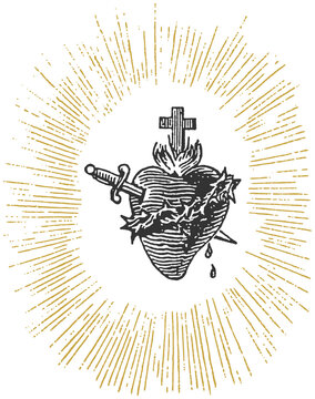 Vintage Sacred Heart of Jesus with Radiant Sunburst Halo &ndash; Engraved Catholic Religious Symbol Illustration