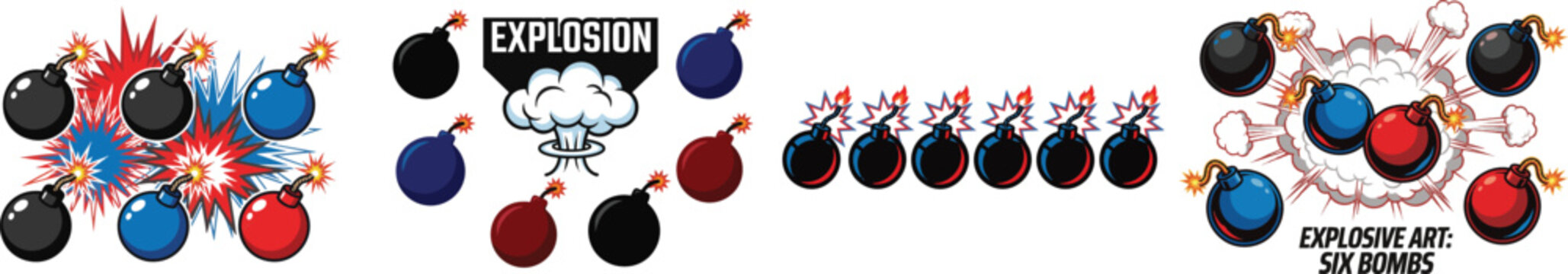 bomb set vector art in black blue and red with lit fuses symbol explosion in white background