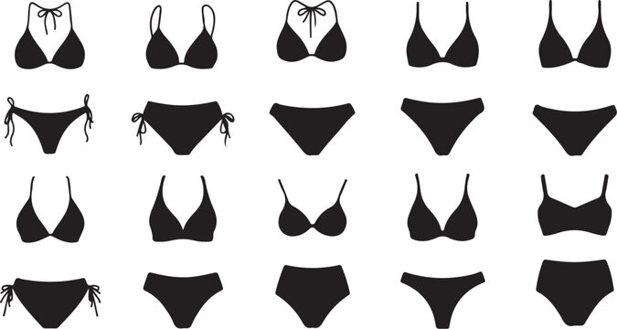 Black swimwear vector illustrations set isolated on transparent background, Vector
