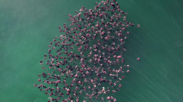 Stunning aerial footage of a large school of Mobula rays gliding through crystal-clear turquoise waters near Todos Santos, Baja California Sur, Mexico. Smooth drone motion of marine life.
