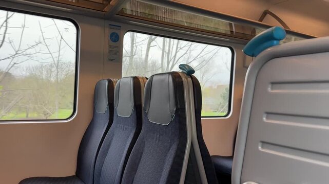 The interior of a moving train shows empty seats and a view of trees and landscape passing by outside the window on an overcast day