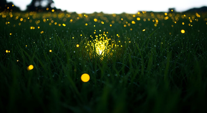 Magical fireflies glowing in dark green grass at night, enchanting summer meadow with golden light bokeh, ethereal nature landscape with lightning bugs