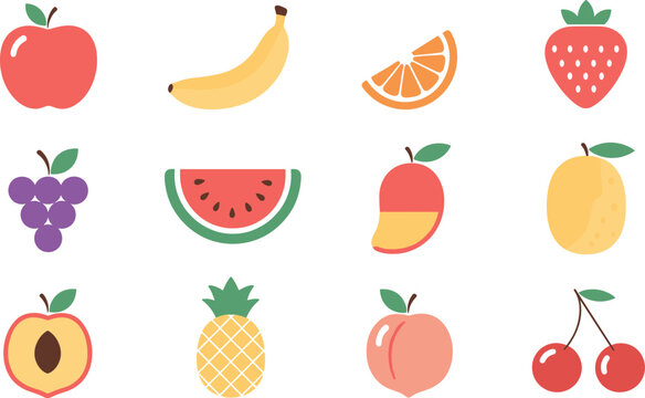 Colorful flat fruit icon set featuring apple banana orange strawberry watermelon grape pineapple peach and cherry for food design