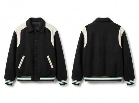 Front and back view of a black varsity bomber jacket with cream leather details and green striped trim, isolated on white background