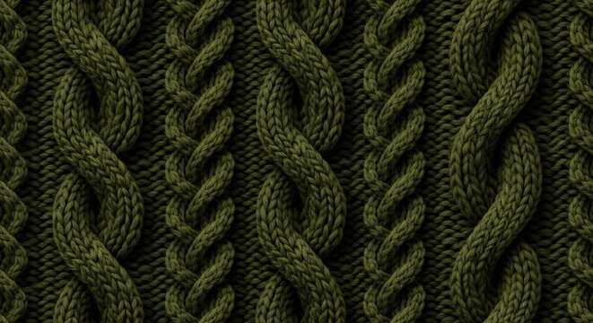 Close-up Macro Shot of Knitted Fabric with Intricate Cable Knit Pattern in Deep Green.