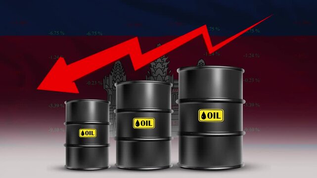 Cambodia Flag with Oil Barrels and Red Downward Arrow Falling Crude Prices Economic Decline