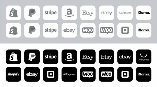 Ecommerce and payment icon set, online shop logos, Shopify, PayPal, Stripe, Amazon, Etsy, eBay, AliExpress, Klarna, WooCommerce, Square. Minimalist black and white web commerce icon collection.