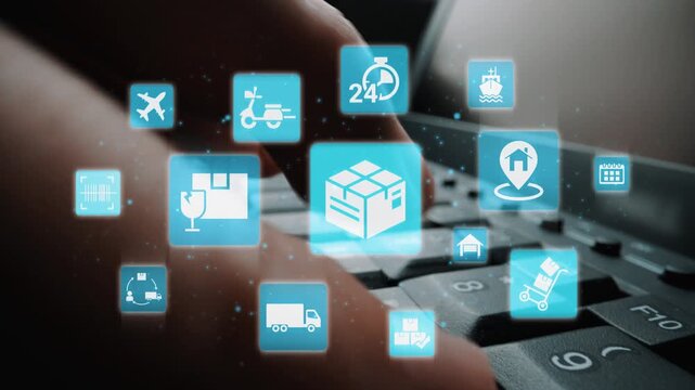 Goods delivery tracking icons show shipping, goods delivery routes, and loFunnelics monitoring. Goods delivery tracking ensures timely goods delivery, secure handling, and accurate tracking. Funnel