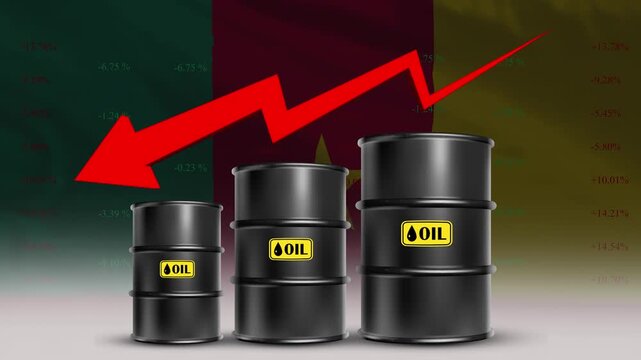 Cameroon Flag with Oil Barrels and Red downward Arrow Rising Crude Prices 