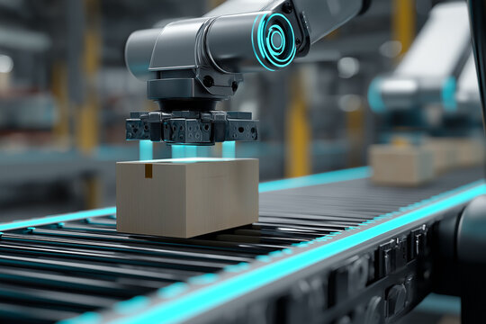 Close-Up of Warehouse Robot Gripper Precisely Picking Luminous Package from Automated Shelf System with Cyan Joint Sensors and Holographic Selection Beam Highlighting