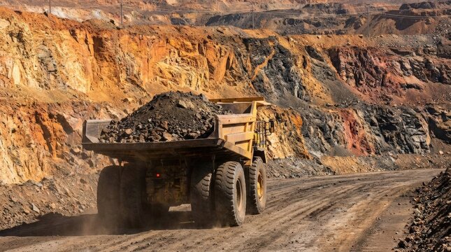 Massive Dump Truck Hauling Ore in Open Pit Mine.