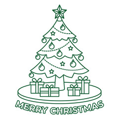 Fototapeta premium Christmas tree with gifts and text merry christmas line art.