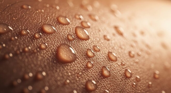 Close-up Macro Shot of Water Droplets on Human Skin Texture.
