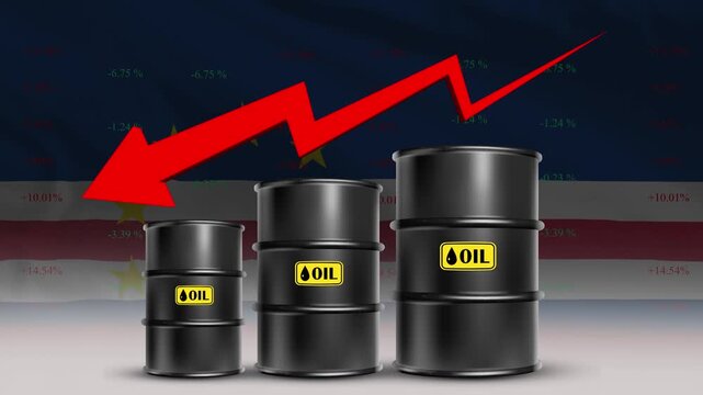 Oil Barrel Crisis: Depicting a significant dip in oil production as symbolized by diminishing barrels and a downward-pointing arrow, against a backdrop suggestive of an economic challenge. 