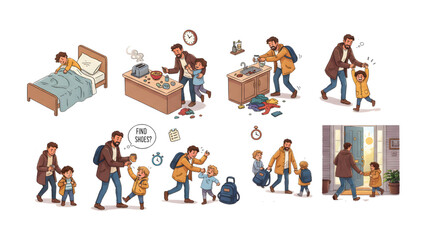 Naklejka premium Parenting Morning Routine Workflow Vector Set with Step-by-Step System, Time Pressure Micro-Moments and Human Activity Scenes on Clean White Background