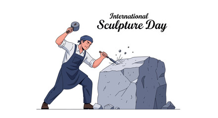 An International Sculpture Day illustration showcases a sculptor diligently carving a large stone block with a chisel and mallet, set against a clean white background in a detailed vector