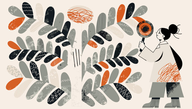 Modern Female Botanist Examining Stylized Foliage with Magnifying Glass in Minimalist Flat Art Style.eps