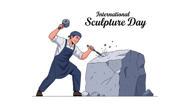 An International Sculpture Day illustration showcases a sculptor diligently carving a large stone block with a chisel and mallet, set against a clean white background in a detailed vector