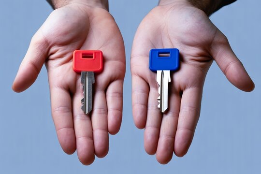 hands holding red and blue key side by side. Choosing a solution