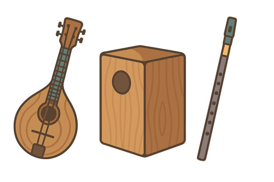 Traditional wooden musical instruments set including lute, cajon drum, and wind flute